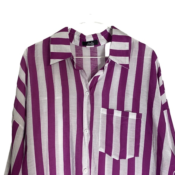 NEW AMELIA’S Frida Art To Wear Striped Purple White Tunic Shirt Ramie Cotton L - Picture 7 of 16